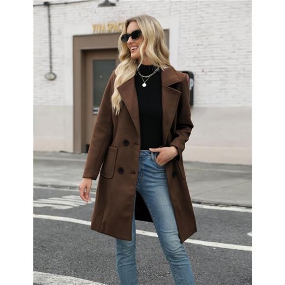 Women Mid-Long Coat Notch Double-Breasted Coffee